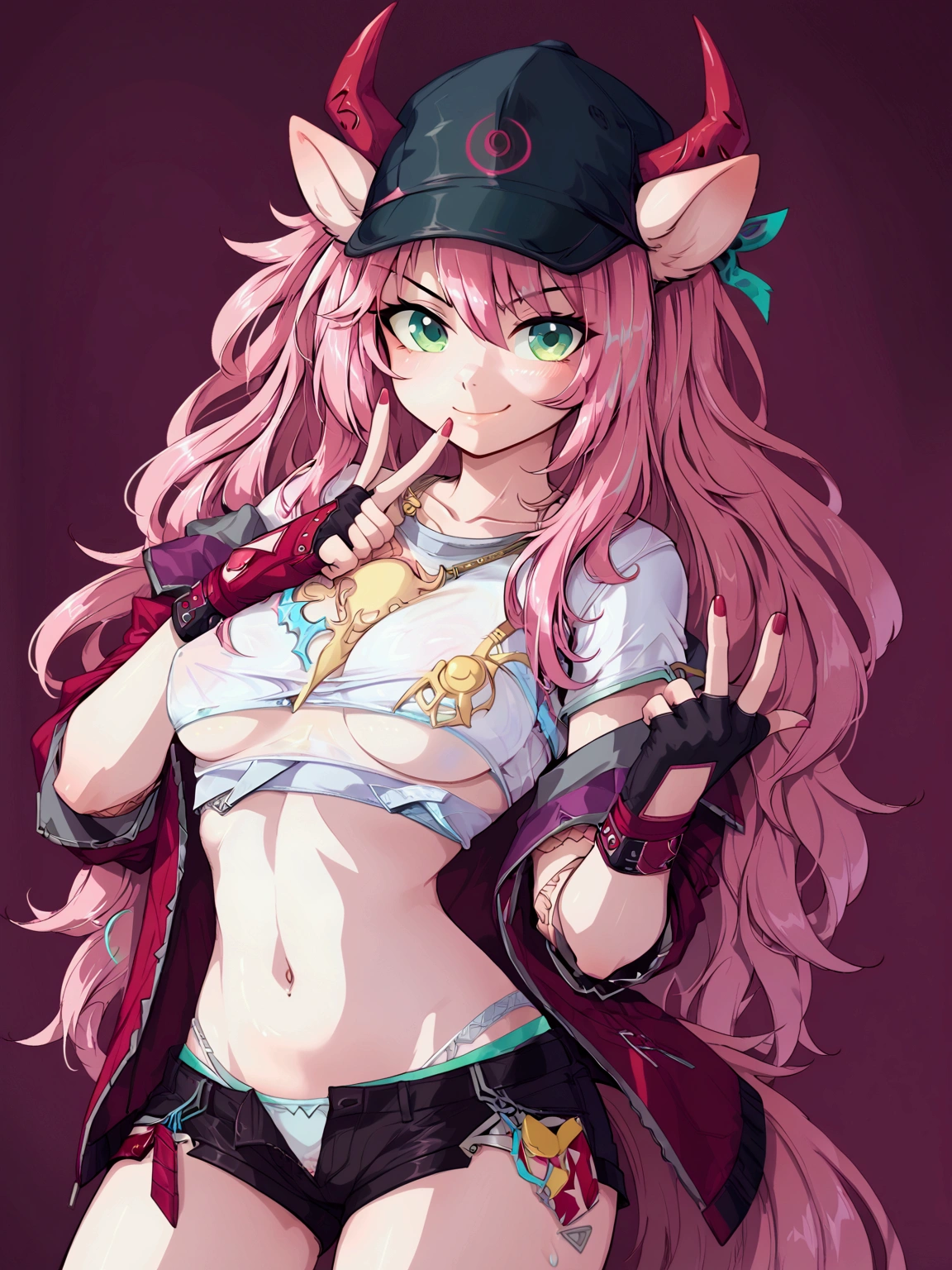 1 girl, fingerless gloves, gloves, green eyes, black cap, red horns, jacket, looks at the viewer, pink hair, pony tail, red nails, solo, long hair, chest, white short sleeved top, green eyes, jacket, long hair, looks at the viewer, mid-body, navel, pink hair, pony tail, black shorts, solo, Hip Strap, red horns, looks at the viewer, middle chest, navel, pony tail, short shorts, black shorts, smile, solo, chest, green eyes, smirk, big chest, long hair, looks at the viewer, pink hair, red jacket, smile, solo, little human ears,one closed eye, finger gun, upper body