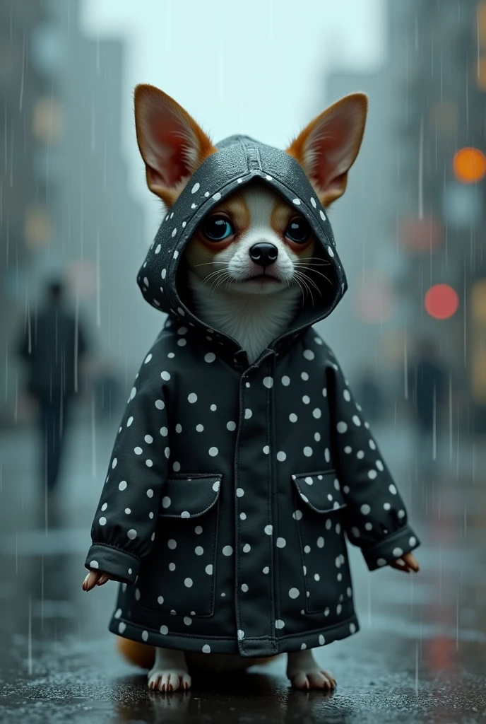 In the city on a rainy day、Picture a scene of a large Chihuahua standing silently in a tight raincoat with arabesque water droplets.。The coat is black and white spotted.、With big eyes and a blue right eye, he is gazing sadly into the rain.。There are raindrops on the raincoat、Cat ears peeking out from the hood。A hazy urban landscape spreads out in the background.、There is a moist atmosphere overall.。In this scene、A cat standing tall in the rain、Emphasize the loneliness of the city。」