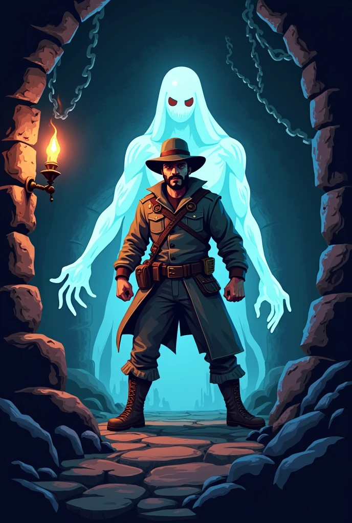 make a retro style logo about a guy in a dungeon and his enemies are ghosts 