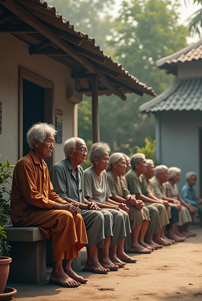 Many elderly Thai people are sitting in front of the nurse's room waiting to receive medicine.