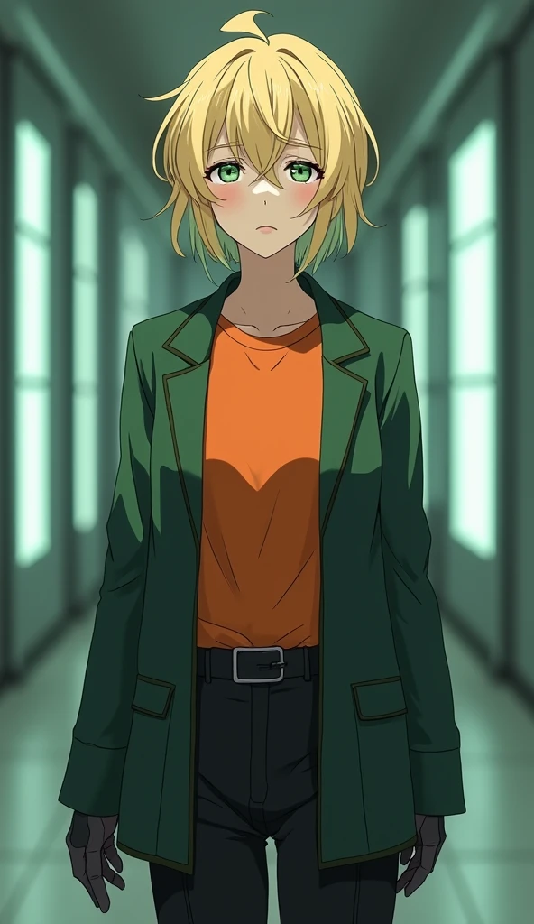 (best quality),female,solo,short hair,blond messy hair,green eyes,half open jacket,frown,orange shirt,half sleeves, lapel jacket,dark_green jacket,open neck,black pants,finger_less gloves,Science fiction,futuristic indoors,ultra-detailed,sharp focus,aesthetic,anime style