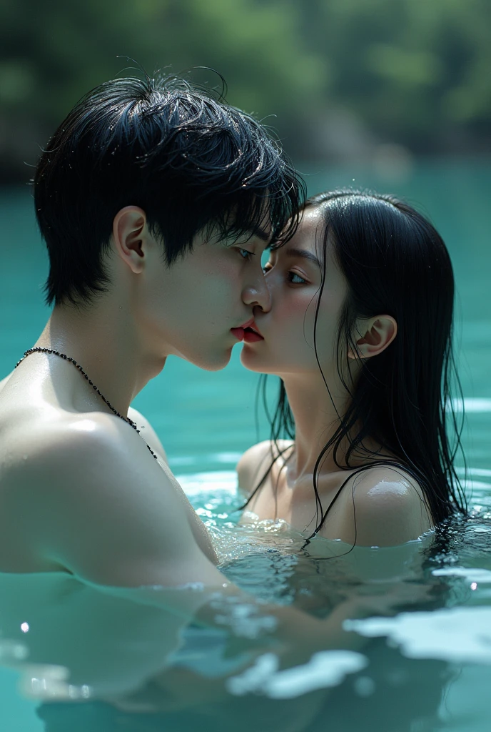 A lake with crystal-clear waters from its depths emerges a white-skinned boy, DARK hair, Grey eyes and a deep and enigmatic look. His facial features are defined, with a defined jaw and high cheekbones, Drops of water slide from her hair and she has a funny expression, In front of him is a girl with long hair, black and looks wet as it is also inside the lake, Her skin is white and her face is asymmetrical and perfect., has a look of astonishment, Real photo