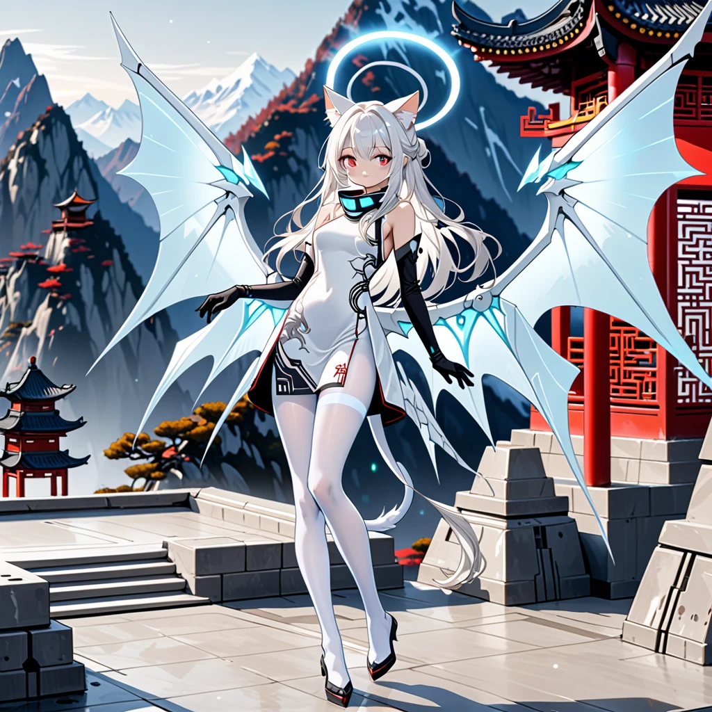 masterpiece, highest quality, highest resolution, clear_image, detailed details, white hair, long hair, 1 girl, cat ears, red eyes, futuristic halo, white sci-fi china dress (with gold accent), detached sleeves with black gloves (with gold accent), white scarf (around the neck withn a light blue glow), 12 white futuristic dragon wings, white pantyhose, full body, no water marks, no panties, in mountain villa