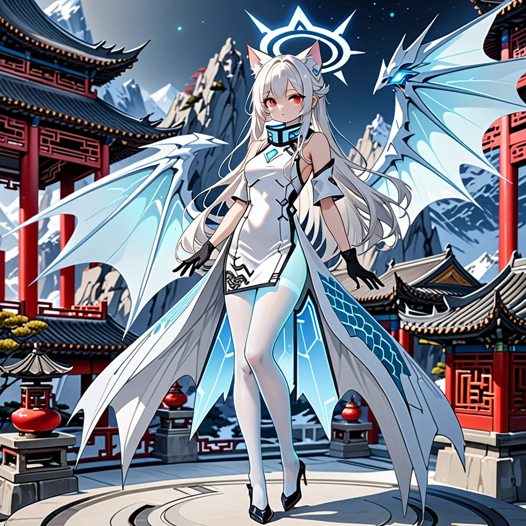 masterpiece, highest quality, highest resolution, clear_image, detailed details, white hair, long hair, 1 girl, cat ears, red eyes, futuristic halo, white sci-fi china dress, detached sleeves with black gloves,  white scarf (around the neck withn a light blue glow), 12 white futuristic dragon wings, white pantyhose, full body, no water marks, no panties, in mountain villa