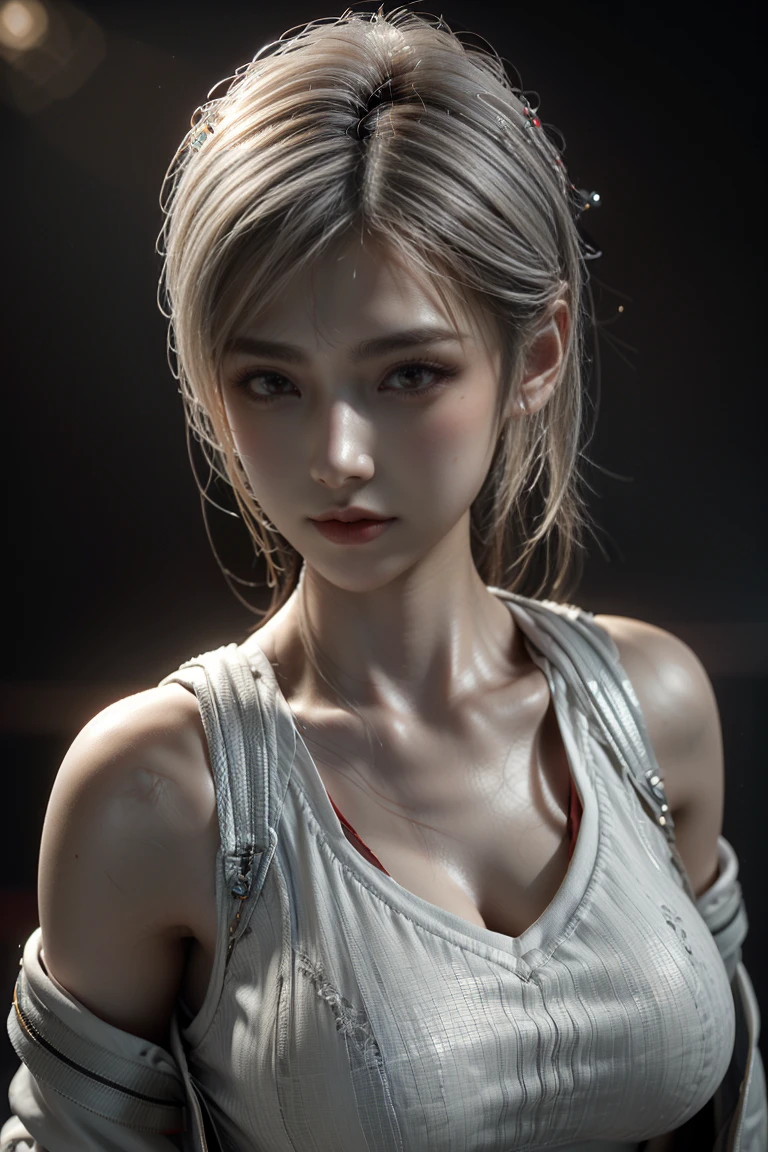 Masterpiece,Game art,The best picture quality,Highest resolution,8K,(A bust photograph),(Portrait),(Head close-up),(Rule of thirds),Unreal Engine 5 rendering works,
20 year old girl,Short hair details,With long bangs,(white hair),red eyes,Elegant and elegant,(Large, full breasts),(Wearing a white coat,Red suspender underwear),shut your mouth,serious yet charming,(scholar),photo poses,Sci-fi style laboratory,white room,
Movie lights，Ray tracing，Game CG，((3D Unreal Engine))，OC rendering reflection pattern