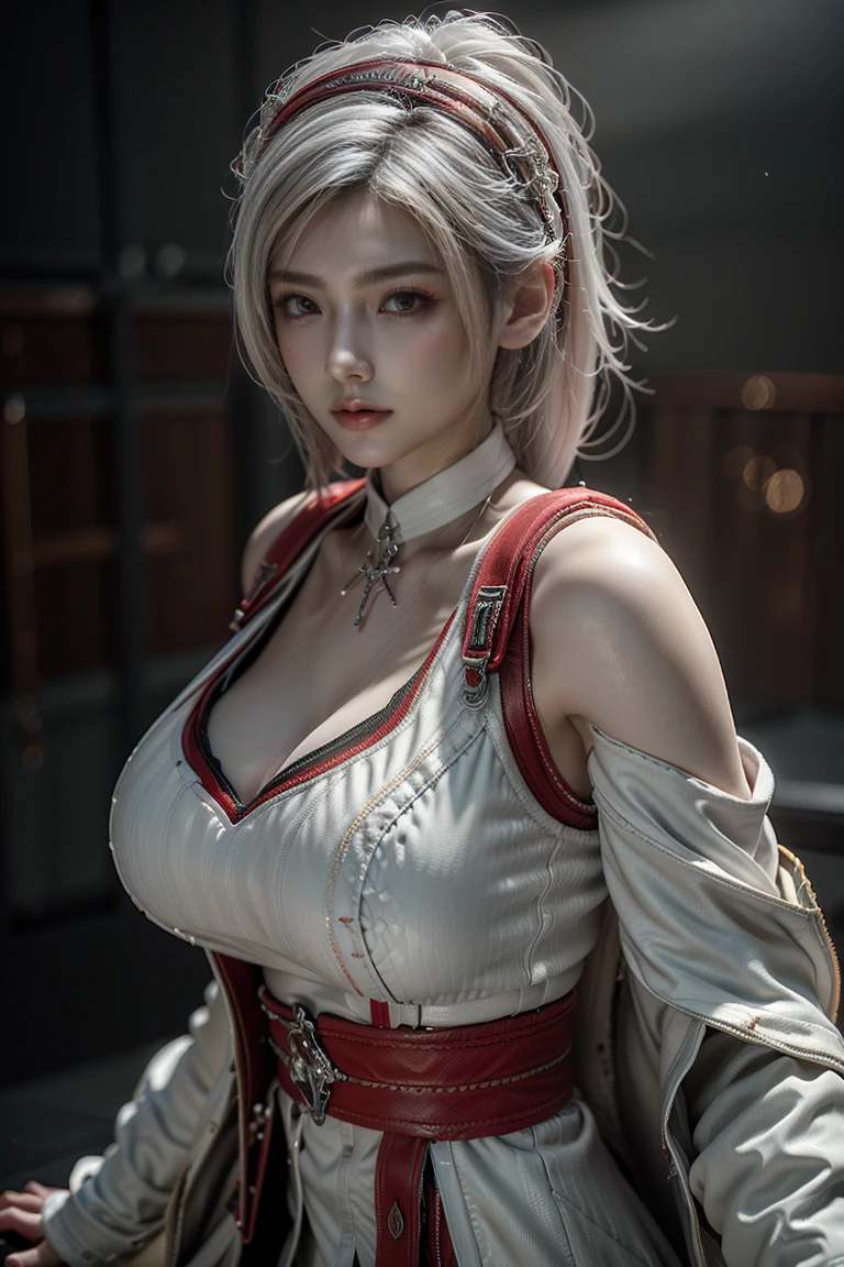 Masterpiece,Game art,The best picture quality,Highest resolution,8K,(A bust photograph),(Portrait),(Head close-up),(Rule of thirds),Unreal Engine 5 rendering works,
20 year old girl,Short hair details,With long bangs,(white hair),red eyes,Elegant and elegant,(Large, full breasts),(Wearing a white coat,Red suspender underwear),shut your mouth,serious yet charming,(scholar),photo poses,Sci-fi style laboratory,white room,
Movie lights，Ray tracing，Game CG，((3D Unreal Engine))，OC rendering reflection pattern