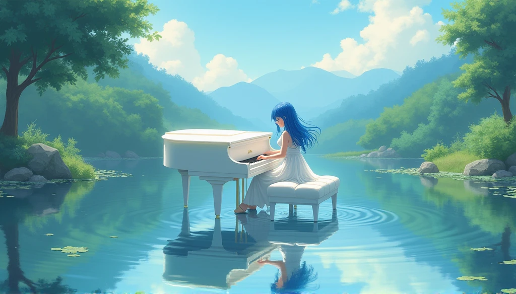 Blue-haired girl playing piano,White Dress,A floating white piano on a lake,Ghibli-style anime scene