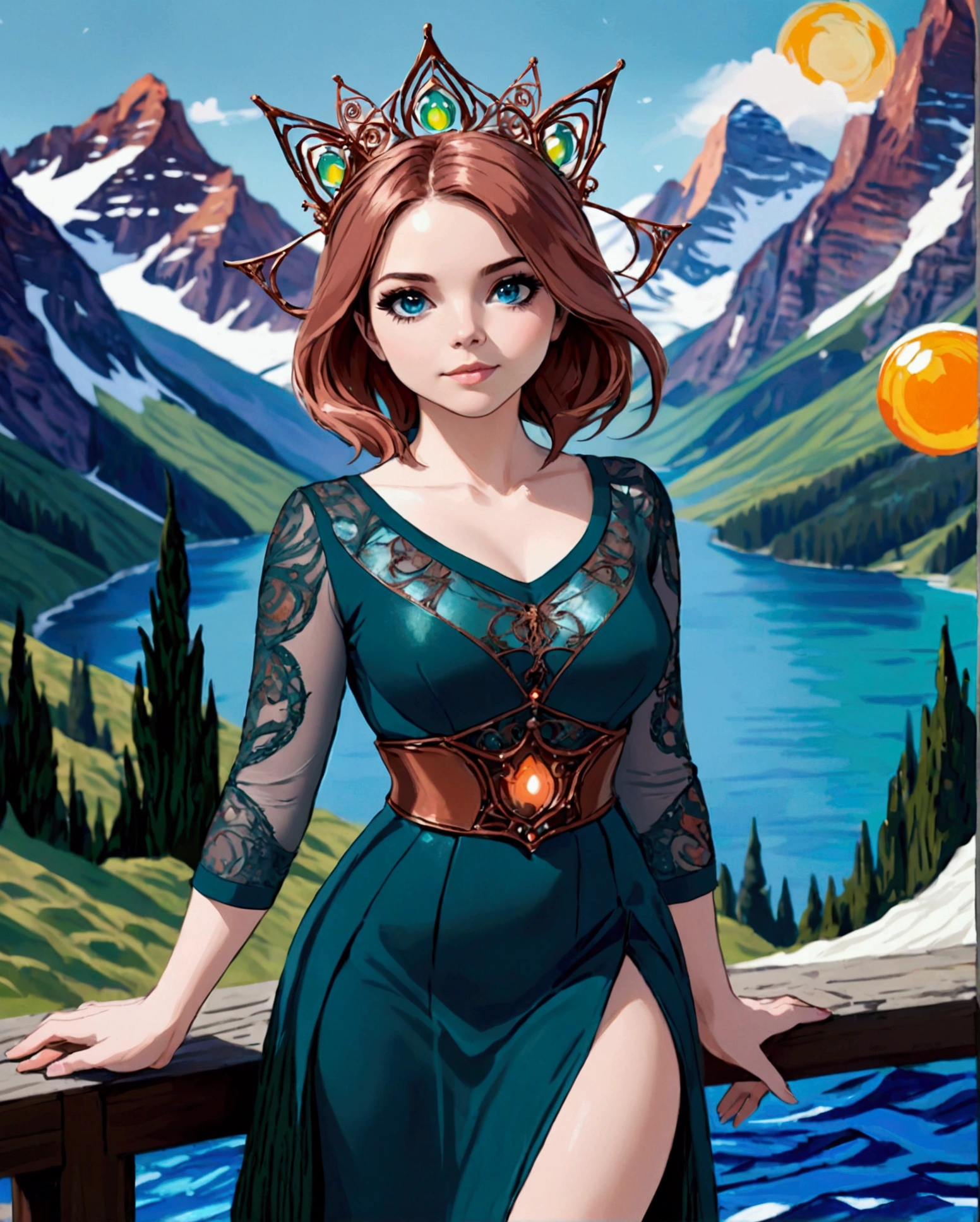 Steampunk Inspired Elven Princess. Copper Wire Necklaces & Bangles. Crown Of Fine Copper Wire. Copper Coloured Tatoos Cover Her Face And Body Intricate & Beautiful Designs. Hands On Hips. Ember Colored Eyes. Pure White Dress, Hemmed With Copper, Covered In Copper Lace & Filligree. Cppper Designs Cover The Skirt In A Kaleidoscope Of Copper Designs. Background Is Forrest. A Blend Of Ariel Winter & Alison Brie, Symmetrical Face Exudes Elegance &Grace. Cozy, Romantic Lighting. Cheerful Smile. Copper Hair That Shimmers And Sparkles In The Light. Hourglass Figure.