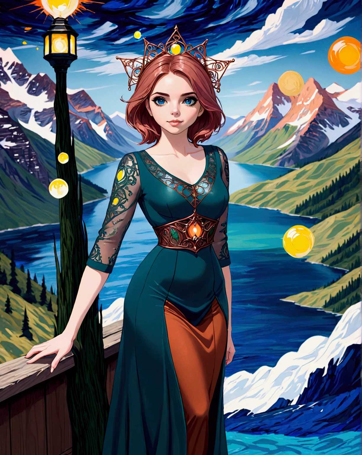 Steampunk Inspired Elven Princess. Copper Wire Necklaces & Bangles. Crown Of Fine Copper Wire. Copper Coloured Tatoos Cover Her Face And Body Intricate & Beautiful Designs. Hands On Hips. Ember Colored Eyes. Pure White Dress, Hemmed With Copper, Covered In Copper Lace & Filligree. Cppper Designs Cover The Skirt In A Kaleidoscope Of Copper Designs. Background Is Forrest. A Blend Of Ariel Winter & Alison Brie, Symmetrical Face Exudes Elegance &Grace. Cozy, Romantic Lighting. Cheerful Smile. Copper Hair That Shimmers And Sparkles In The Light. Hourglass Figure.