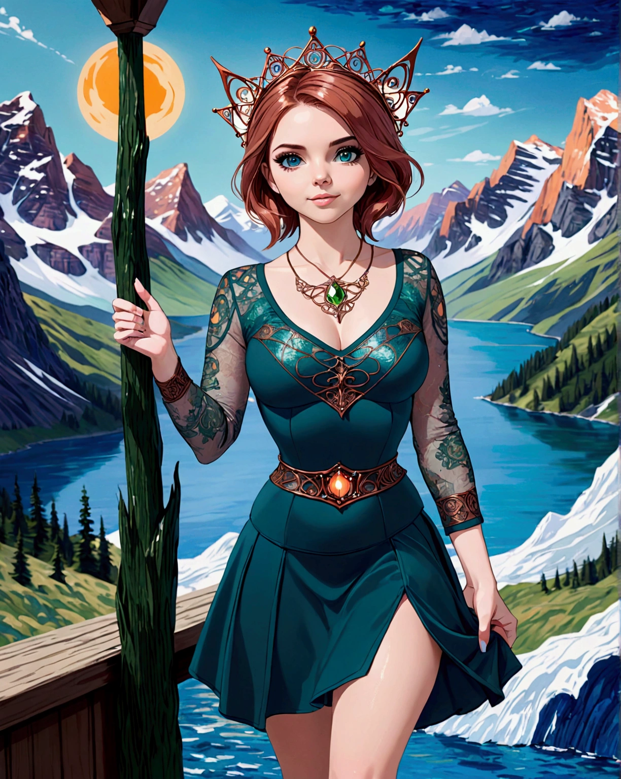 Steampunk Inspired Elven Princess. Copper Wire Necklaces & Bangles. Crown Of Fine Copper Wire. Copper Coloured Tatoos Cover Her Face And Body Intricate & Beautiful Designs. Hands On Hips. Ember Colored Eyes. Pure White Dress, Hemmed With Copper, Covered In Copper Lace & Filligree. Cppper Designs Cover The Skirt In A Kaleidoscope Of Copper Designs. Background Is Forrest. A Blend Of Ariel Winter & Alison Brie, Symmetrical Face Exudes Elegance &Grace. Cozy, Romantic Lighting. Cheerful Smile. Copper Hair That Shimmers And Sparkles In The Light. Hourglass Figure.
