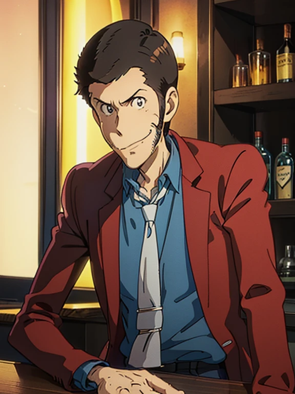 Lupin, (Red jacket, Blue shirt, yellow tie, very short hair), Close-up, Toon Shader Rendering, Natural side Lighting, ((A slightly dimly lit bar, Sit at the counter)), Slightly Smile with mouth closed, With a glass, The correct number of fingers, Nice atmosphere, Clear images, Anime style illustration, ((masterpiece, best quality, high resolution))