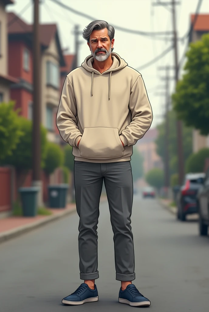 30 year old man on a quiet street, in a cream hoodie with a slim fit, grey chinos and navy blue slip-ons, whole body, I look at the viewer
