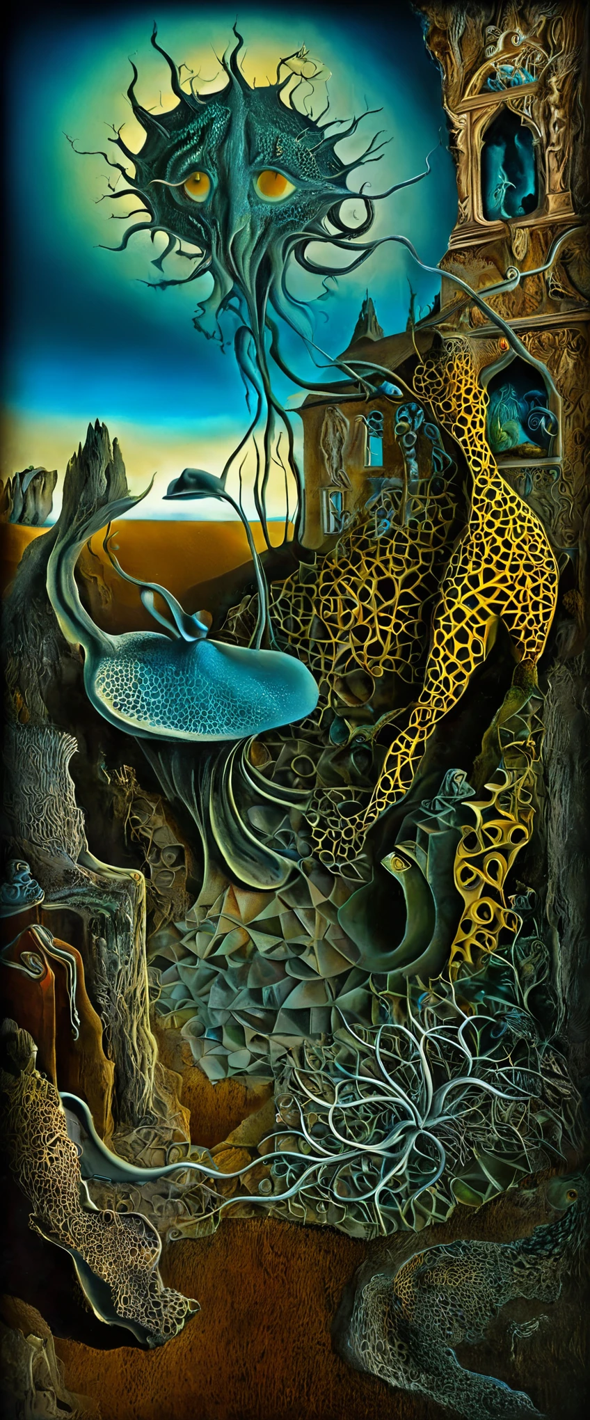 A surreal dream scene featuring a surreal nonsensical room, intricate organic patterns and textures, vibrant colors, mystical symbolism, ethereal lighting, surrealism inspired by salvador dali:1.5, biomorphic forms in the style of Ernst Haeckel, mysticism in the style of Remedios Varo, fantastical landscape, imaginative details, masterful execution, surreal art, ac_neg1