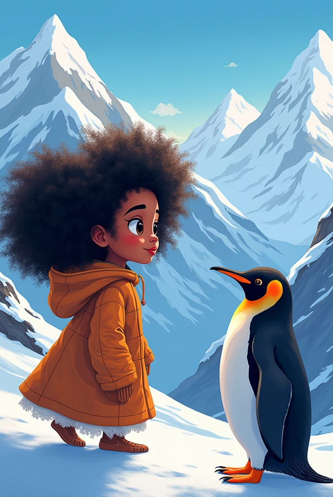 Color illustration of Lila, a curious black woman with curly hair, and his fun magical penguin friend, with a backdrop of mountains and snow for a book  
