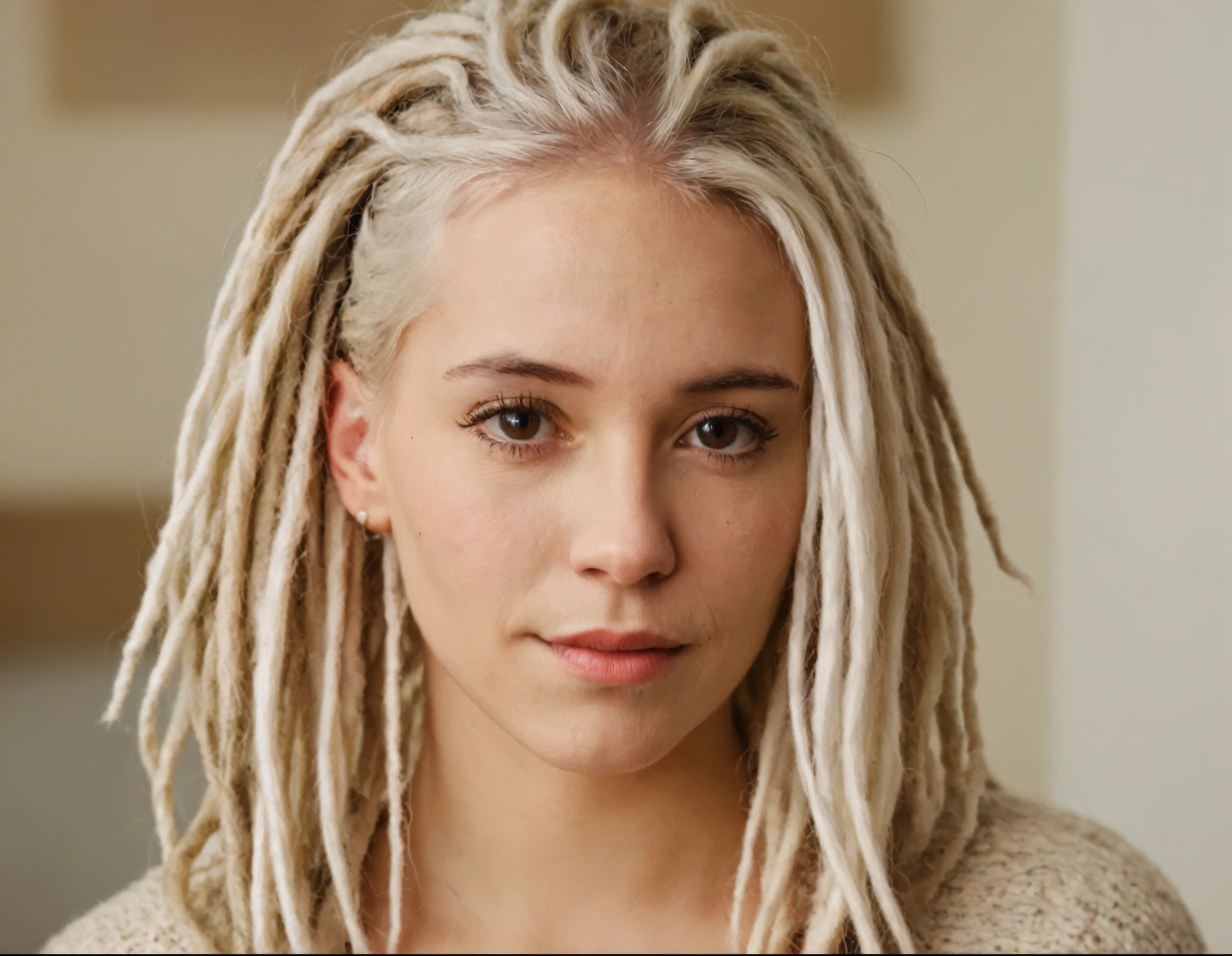 blond woman with dreadlocks and a sweater posing for a picture, white hair dreads, dreadlock hair, dreadlock breed hair, dreadlocks, dreads, lots of dreadlocks on the head, perfect white haired girl, dreadlock black hair, girl with white hair, long dreadlocks, blonde and attractive features, white - blond hair, girl silver hair