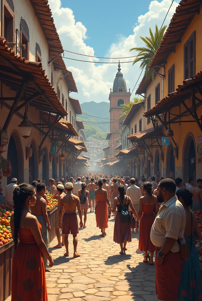 An image that depicts a colonial market where indigenous people are found, mestizos, Spanish and Africans, everyone participating in the economic and social life of the colony, could capture the complexity and tensions of this stratified society. The choice of this image reflects how power relations, The mixture of cultures and the dynamics of exploitation and resistance were intertwined in the daily life of colonial society..