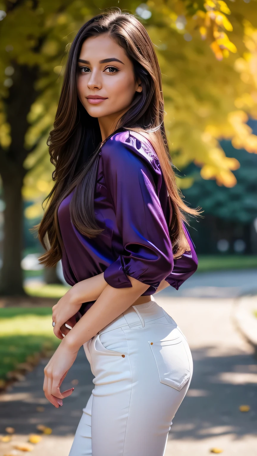 Realistic full body photo of a smiling, Young brunette woman with long hair, She dances in front of the camera in a purple silk blouse with tight white pants...., Park,glamour fotoshooting, Park, perfect anatomy, perfect brown eyes. Perfect hands with 5 fingers on each hand, Matching girl, looking at the camera, 1 Frau. (Eye make up:1.1), (highly detailed skin:1.1), spirit, analog style, keen focus, 8K UHD, dslr, good quality, Fujifilm XT3, Grain, Award-winning, masterpiece. Park