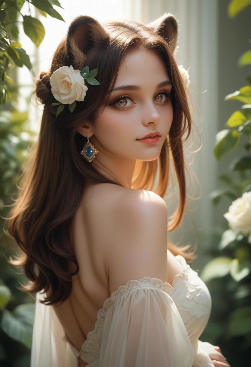 beautiful niña mapache,14 years, pretty eyes,more human than raccoon, shoulder length hair, straight,raccoon ears,beautiful