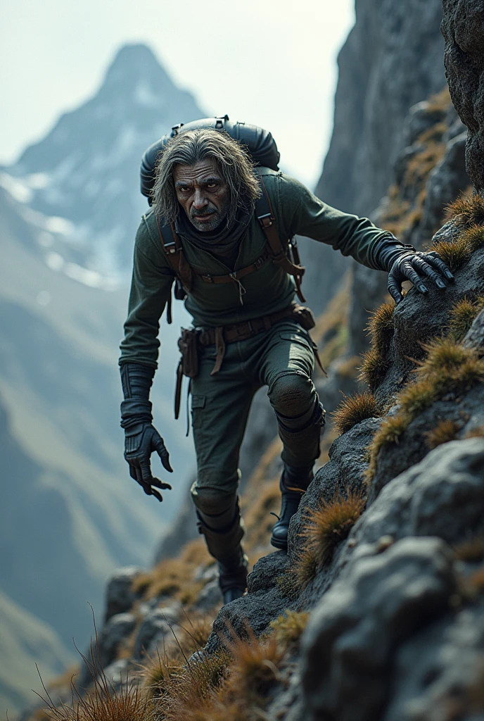 Create an image that shows the operating system "Windows" being in misery and climbing to the summit of fame