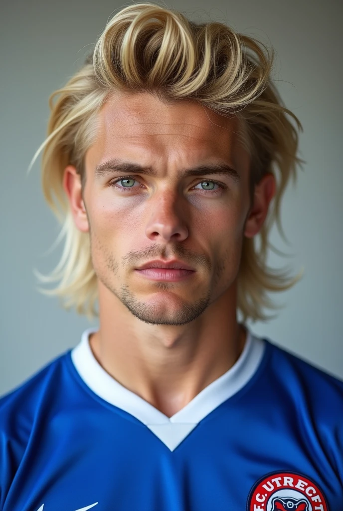 male, mullet hair, blonde hair, american face, facing forward, half body photo, white skin, blue eyes, handsome, wearing FC Utrecht Jersey, facial gesture serious, adult