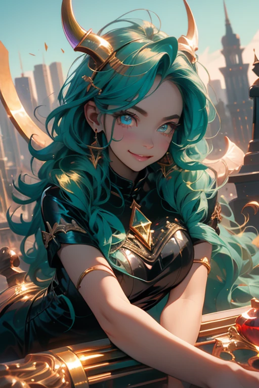 Perfect face. Perfect hands. A teal haired woman with golden eyes and an hourglass figure with golden horns in a golden gown is smiling while laying down in a landscape of brimstone