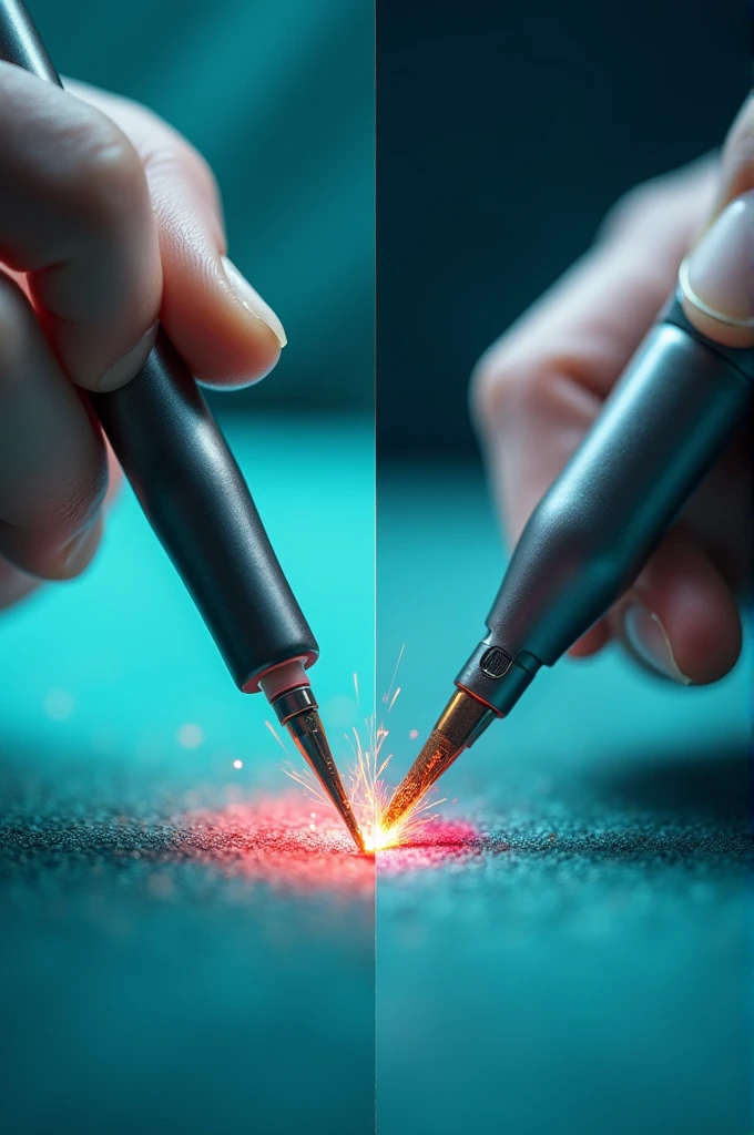 A comparative image, showing two scenes side by side. to the left, a scene of a simple electrocautery, with a small flame or spark. On the right, an electrosurgery scene, showing an electric scalpel in use with a magnified view of the effect on tissue, highlighting the precision and control of electrosurgery compared to electrocautery.