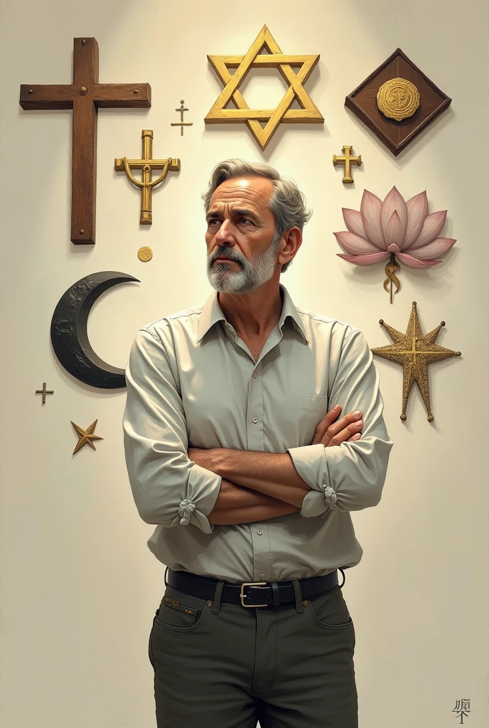 Create an image of a man who identifies as an atheist, standing thoughtfully in front of a variety of religious symbols. He appears contemplative, with a respectful and open-minded demeanor. The background features a diverse range of religious imagery, such as a cross, a crescent moon, a star of David, and a lotus flower, arranged in a harmonious way. The overall mood should be one of reflection and dialogue rather than confrontation."