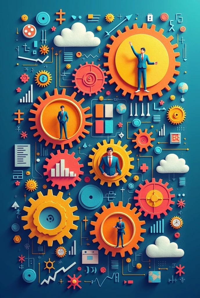 Create three-dimensional gears, circles, and squares, currency, graph lines, and many businessman and businesswoman images. Using watercolor and mixed media Use bright colors The light source is in the upper right corner,background blue. --ar 2:3