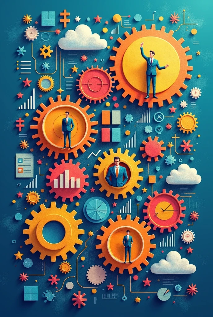Create three-dimensional gears, circles, and squares, currency, graph lines, and many businessman and businesswoman images. Using watercolor and mixed media Use bright colors The light source is in the upper right corner,background blue. --ar 2:3
