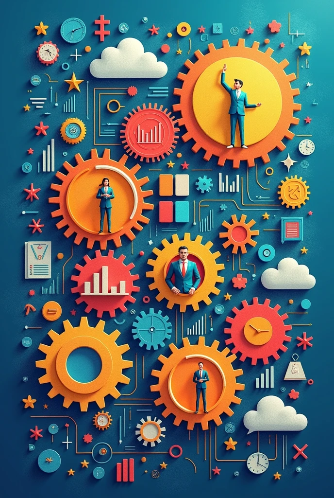 Create three-dimensional gears, circles, and squares, currency, graph lines, and many businessman and businesswoman images. Using watercolor and mixed media Use bright colors The light source is in the upper right corner,background blue. --ar 2:3