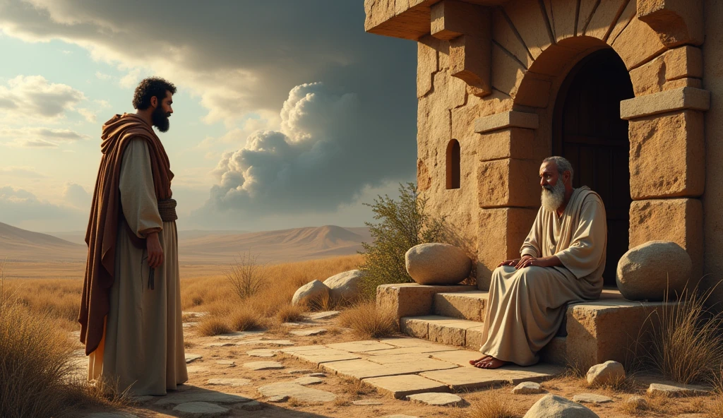 "Create a realistic scene that depicts a distressed messenger arriving at Job's house. The setting should evoke an atmosphere of the ancient Land of Uz, with a beautiful house, however that represents the time, surrounded by arid fields and cloudy skies, reflecting the tension of the moment. the messenger, with a somber expression and simple clothing, must be at the front door, prestes a transmitari uma má noticia a Good, who is sitting on a stone seat, with a worried look and an expression of expectation mixed with apprehension. The atmosphere must be charged with emotion, highlighting the seriousness of the situation, with elements such as strong wind and dark clouds in the background, symbolizing the tribulation that is to come."