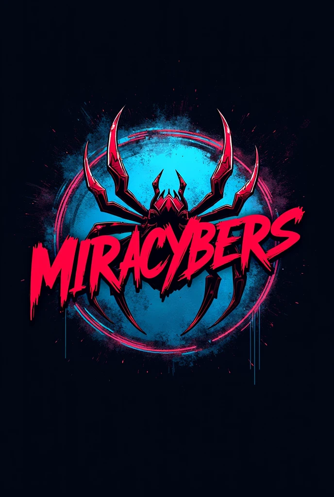 Make a round logo in red colors, blue and black written in the middle of the circle MiraCybers in red graphite letters with a spider . Letter with graffiti
