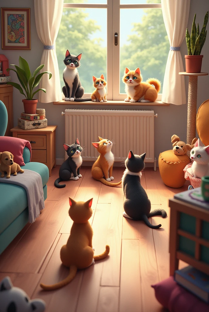 One room five cats and two dogs