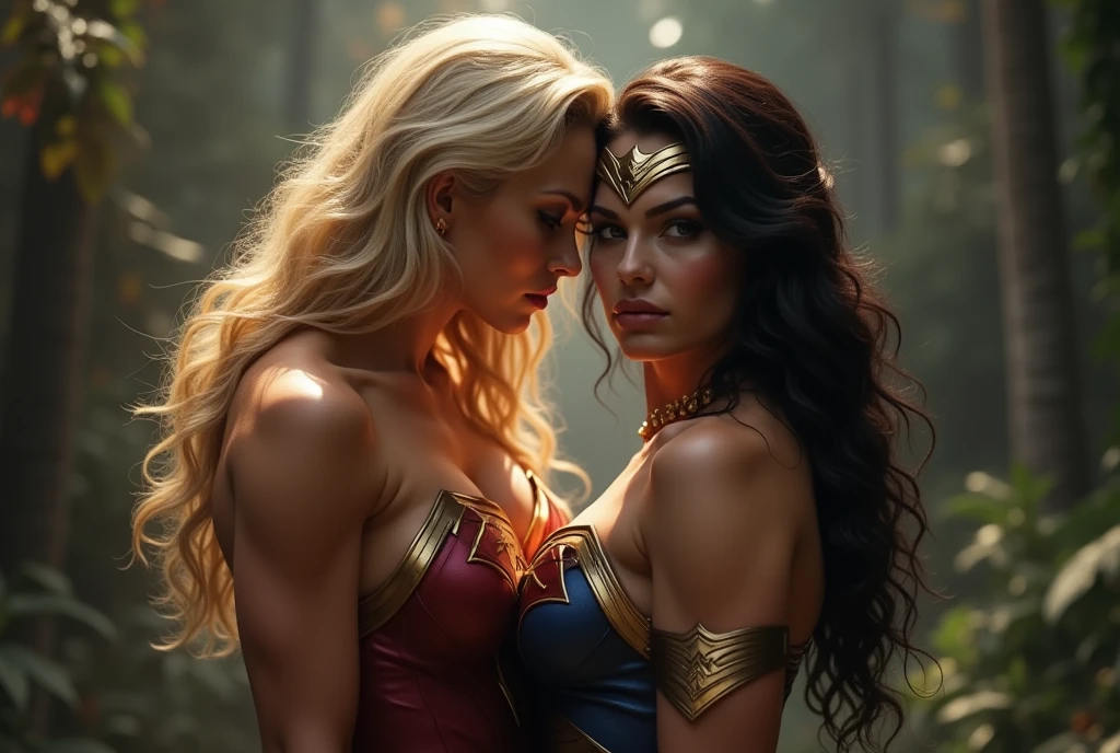 score_9, score_8_up, score_7_up, score_6_up, source_cartoon, adult women, (2women), duo, BREAK adult, A very beautiful blonde Supergirl and a very beautiful brunette Wonder Woman are embracing each other, erotic, nsfw, Looking into the camera, whole body, Looking into the camera, BREAK shallow depth of field, highly detailed, bokeh, moody, epic, gorgeous, grainy, BREAK (ultra-detailed), (best illustration), (best shadow), (absurdres), BREAK (detailed background), (very aesthetic).