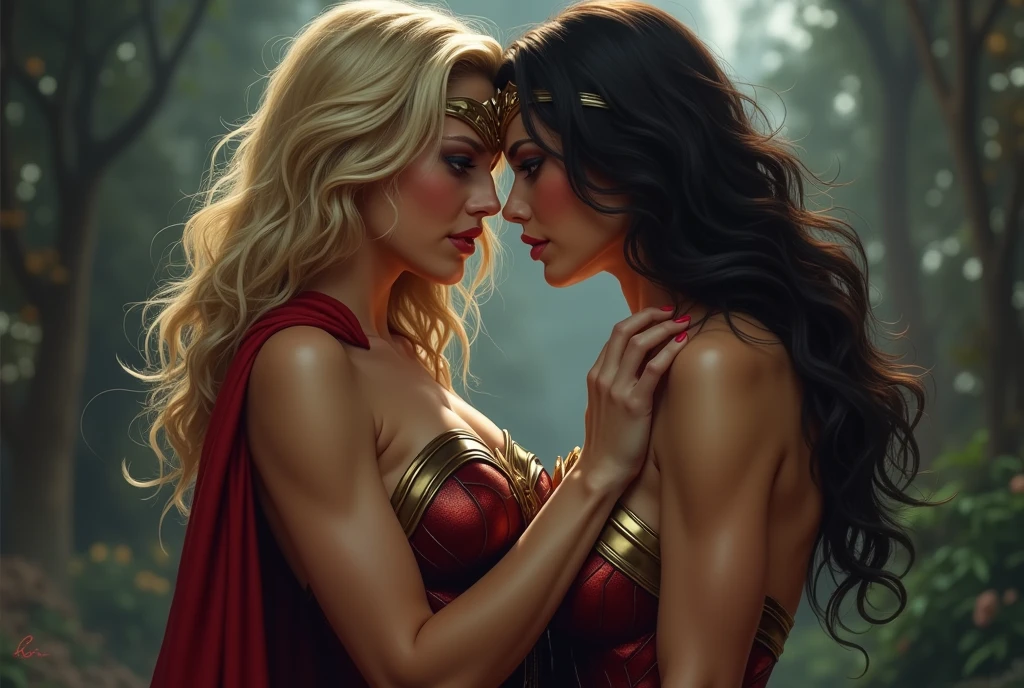 score_9, score_8_up, score_7_up, score_6_up, source_cartoon, adult women, (2women), duo, BREAK adult, A very beautiful blonde Supergirl and a very beautiful brunette Wonder Woman are embracing each other, erotic, nsfw, Looking into the camera, whole body, Looking into the camera, BREAK shallow depth of field, highly detailed, bokeh, moody, epic, gorgeous, grainy, BREAK (ultra-detailed), (best illustration), (best shadow), (absurdres), BREAK (detailed background), (very aesthetic).