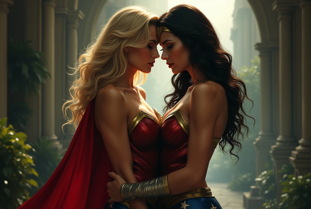 score_9, score_8_up, score_7_up, score_6_up, source_cartoon, adult women, (2women), duo, BREAK adult, A very beautiful blonde Supergirl and a very beautiful brunette Wonder Woman are embracing each other, erotic, nsfw, Looking into the camera, whole body, Looking into the camera, BREAK shallow depth of field, highly detailed, bokeh, moody, epic, gorgeous, grainy, BREAK (ultra-detailed), (best illustration), (best shadow), (absurdres), BREAK (detailed background), (very aesthetic).