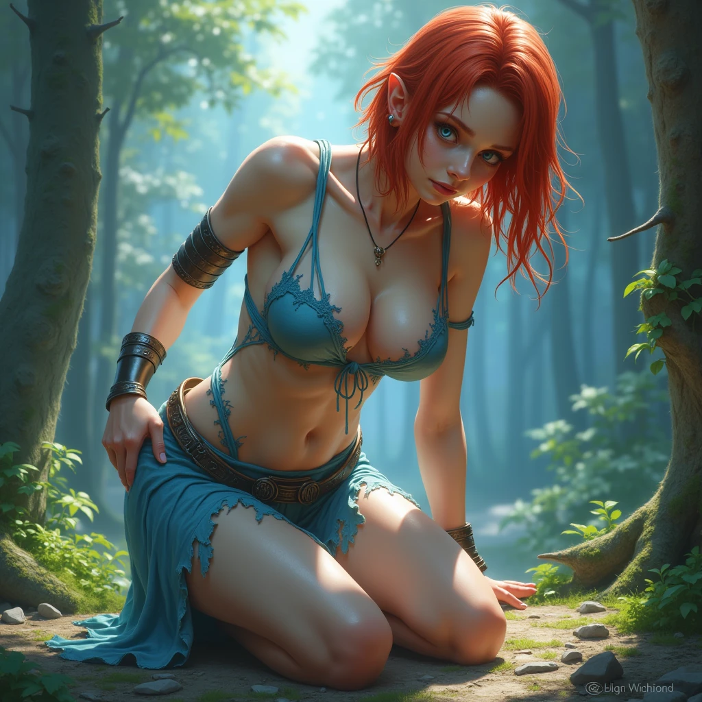 A (((full-body))), ((ultra-detailed)), ((masterpiece)) fantasy art ((illustration)) of a ((World of Warcraft)) character, in the style of the video game. She is a beautiful, young, female (((human))) with (((very short red hair))) and blue eyes. She has exquisite caucasian features and ((very pale)) ((milky-white skin)). She has a ((very slim body)), with a tiny waist and ((skinny limbs)), but her ((breasts are enormous and round)), and they look far too big for her slender little body.  She is wearing only a skimpy light blue rags that are severely ripped and torn, barely clinging to her and covering almost nothing, revealing massive cleavage, exposing her midriff, and leaving her ((very thin thighs)) completely bare. Her porcelain skin is shiny with a ((sheen of sweat)).  She is bent over on the ground, with her tight little ass in the air, in a ((defeated pose)) that shows off her ((skinny thighs)). She is in a brightly-lit forest and pieces of discarded plate armor can be seen on the ground.  Her (((whole body from head to toe))) is shown.