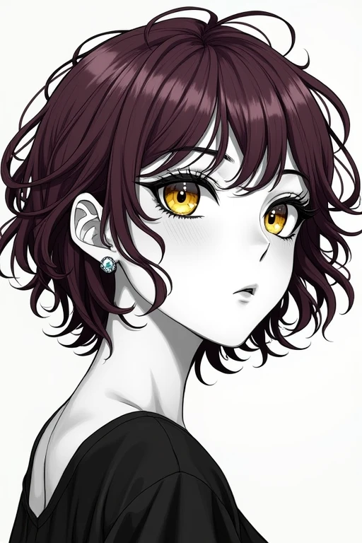 Highest quality,High resolution,Detailed illustrations,One girl,short hair,Perm,Reddish purple hair,Yellow Eyes,Diamond earrings,Detailed eyes,Detailed face,Detailed Hair,Detailed ears,Detailed clothing,Upper body and face,Full Face,Black and white illustration,2D illustration