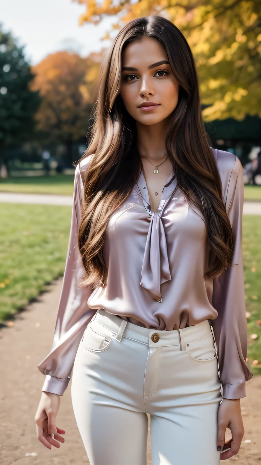 Realistic full body photo of a smiling, Young brunette woman with long hair, She dances in front of the camera in a purple silk blouse with tight white pants...., Park,glamour fotoshooting, Park, perfect anatomy, perfect brown eyes. Perfect hands with 5 fingers on each hand, Matching girl, looking at the camera, 1 Frau. (Eye make up:1.1), (highly detailed skin:1.1), spirit, analog style, keen focus, 8K UHD, dslr, good quality, Fujifilm XT3, Grain, Award-winning, masterpiece. Park