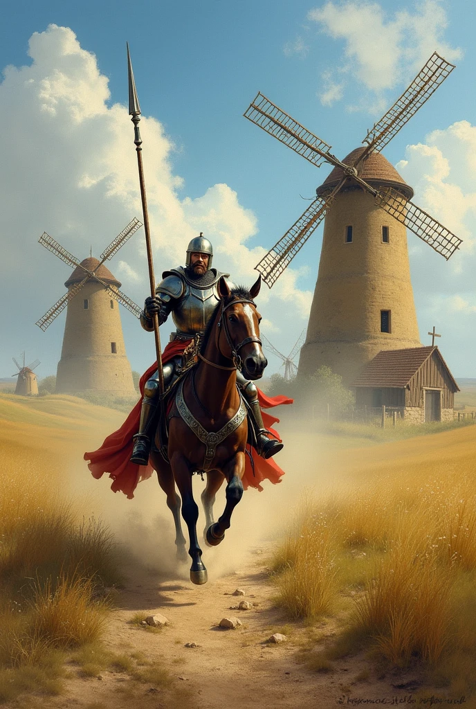 Don Quixote, a knight in armor, fight against giants that are actually windmills, reflecting the difference between your imagination and reality
