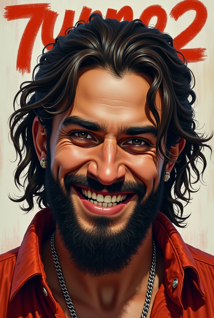 Man with patchy beard, Grinning, brown eyes and hair, braids in the hair and with, realistic white, with the phrase 7Uno2 behind it
