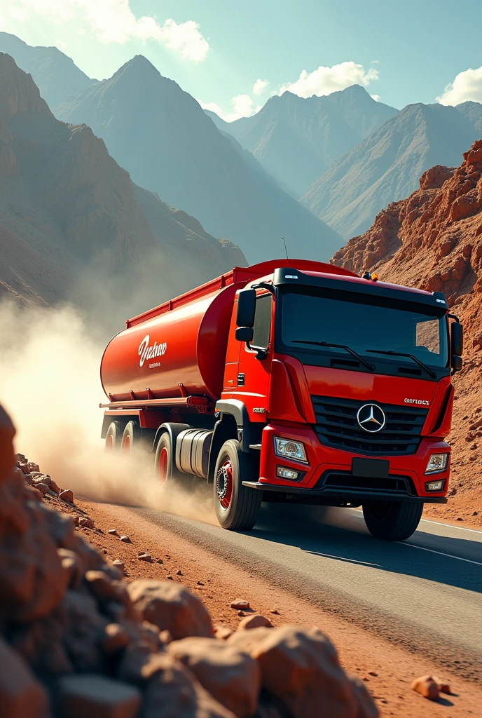 RED TANK TRUCK WITH YABAN LOGO AT MAXIMUM SPEED ON THE PERUVIAN HIGHWAY