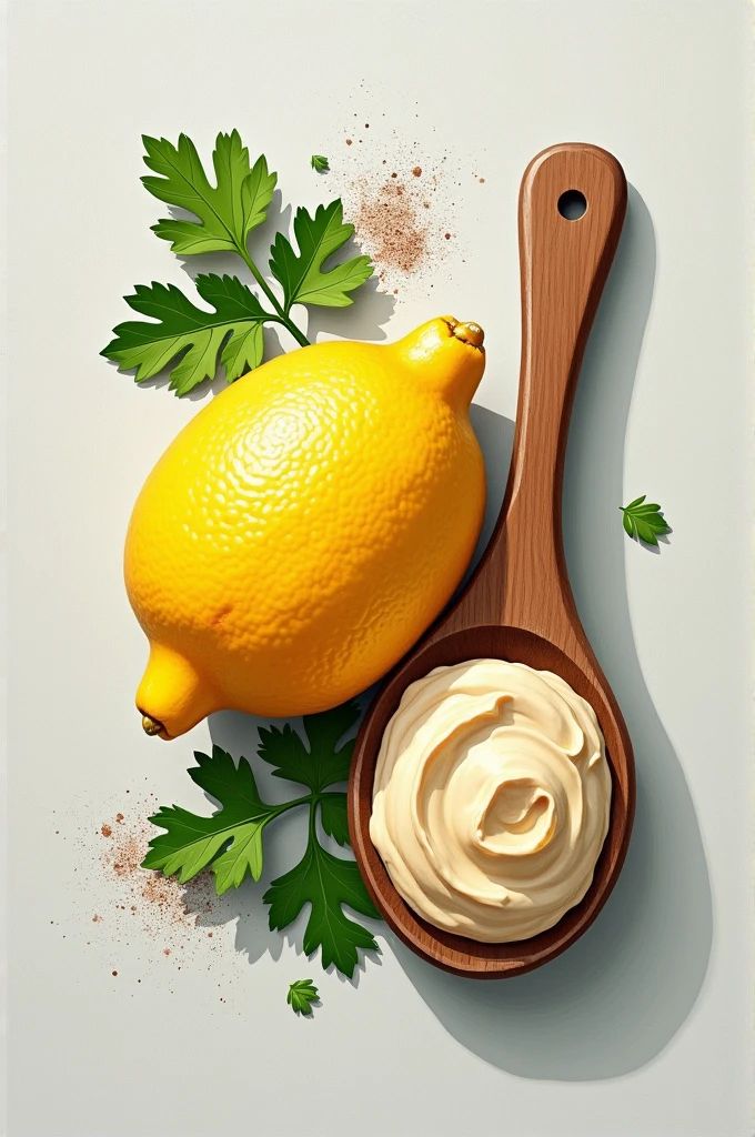 A lemon, a spoonful of tahini, salt and parsley for decoration. A painted artwork.
