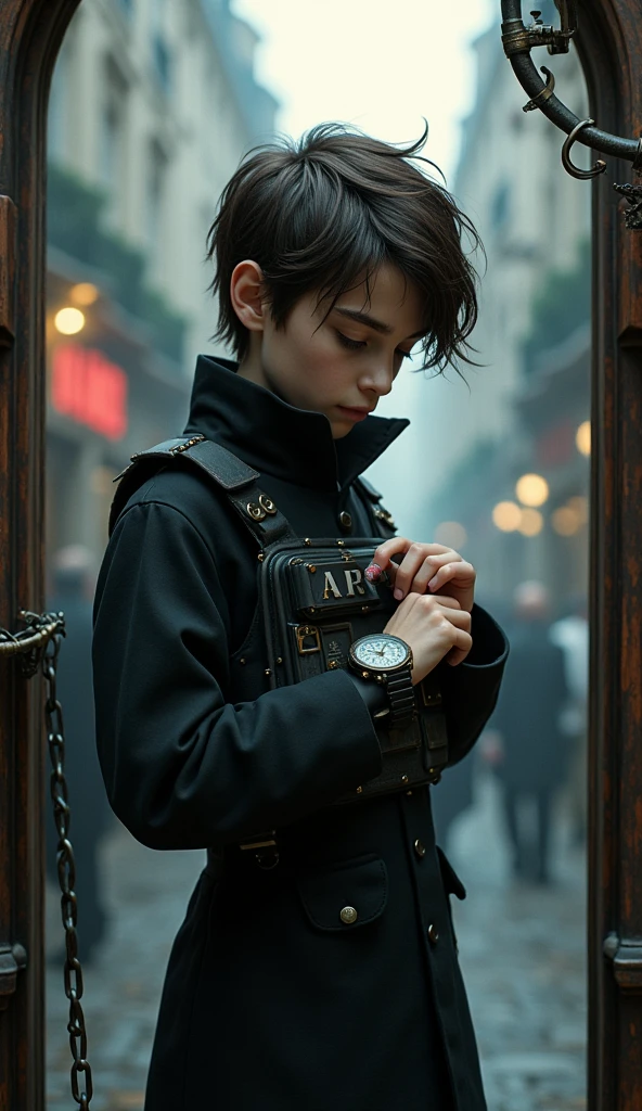 (work of art,Distinctive Quality,mirror-like,Cinematic experience,insanely detaileda,absurderes),8k,wall-paper,(best illustrations:2.0),(a boy:2.0),brown hair and thin beard,(Ghost in the Shell style worldview:2.0),(black tactical overcoat:2.0),(Heavy black bulletproof vest:2.0),(written vest "ARP":1.8),(black gloves:2.0),(thin, thin-faced boy:2.0),(gorgeous eyes),(face detailed),(Detailed hand drawing:2.0),(He is standing and fiddling with his watch on his wrist.:2.0),(The background is Paris),(Drawing in monochrome:2.0),(noir:2.0),(a steampunk style clock with blue backlight:2.0),(looking at me with his head down and serious:2.0)
