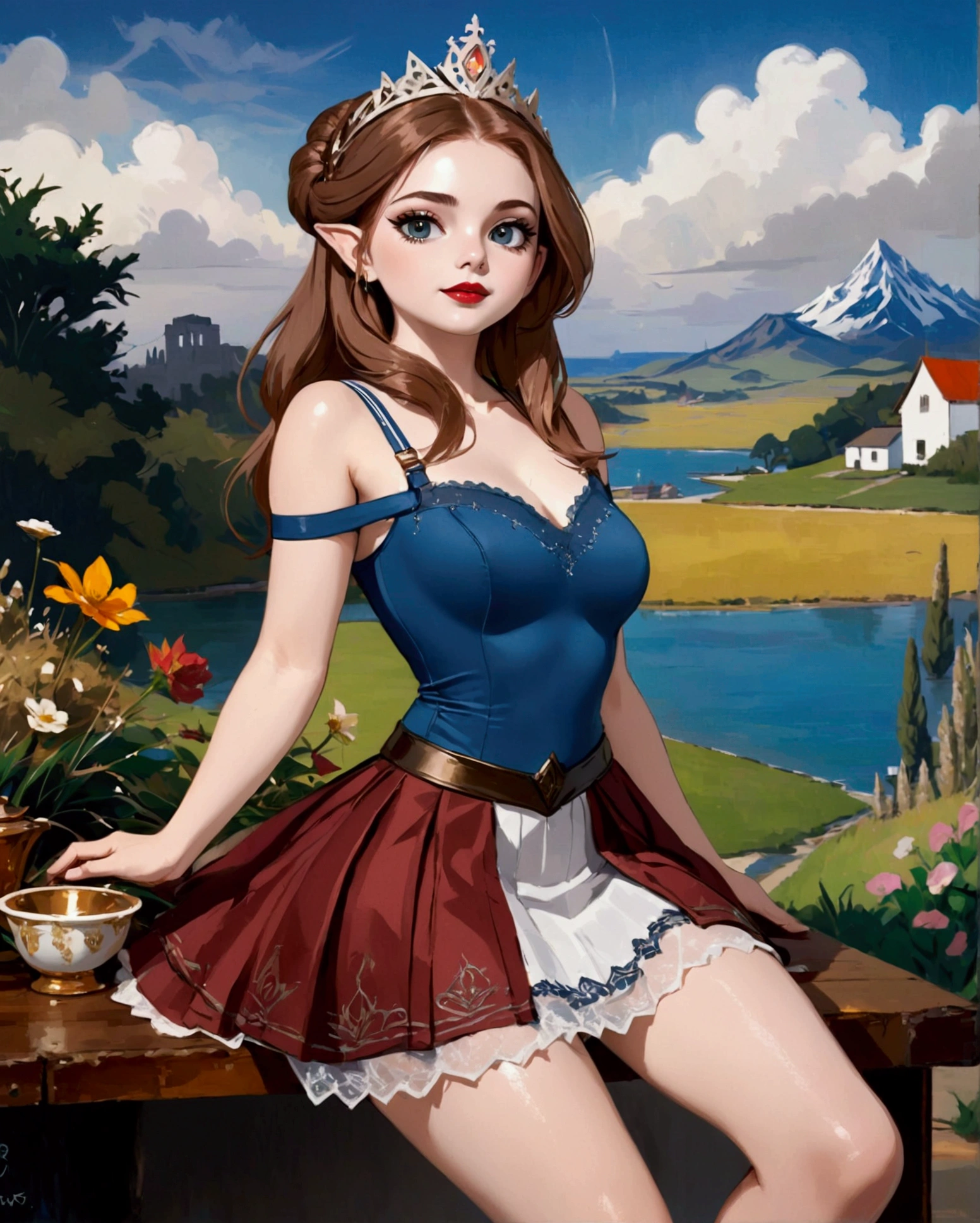 the overall theme and style should feel like. a hybrid of fairytale and Science Fiction. extremely beautiful model, female, long blonde hair, perky breasts, cleavage,, oppulentform fitting hooped skirt, red corset, large exagerated extravagant tiara. Wide Smile, Eyes Detailed & Wide, sexy Pose. Ultra HD, Rococo-Inspired Fantasy Art With Intricate Details. Cute, Charming Expression, Alluring-Gaze, looking at viewer Beautiful Eyes, An-Ideal-Figure. Large Youthful Well-Shaped-Breasts, Attractive ass showcased. Massive-Round-Bosom, Décolletage. slim waist, fit body, full lipsWarm lights , woman in a dreamy forest at night, with fluffy hair, delicate face, realistic, real, slim, large aperture, sexy shots, attractive poses,Stunnin gly beautiful merge of Ariel Winter. Alison Brie, Selena Gomez. symmetrical face, photorealistic, photography, path tracing, specular lighting, volumetric face light, path traced hairmaximum quality{(masutepiece) (8K High Resolution) (top-quality)