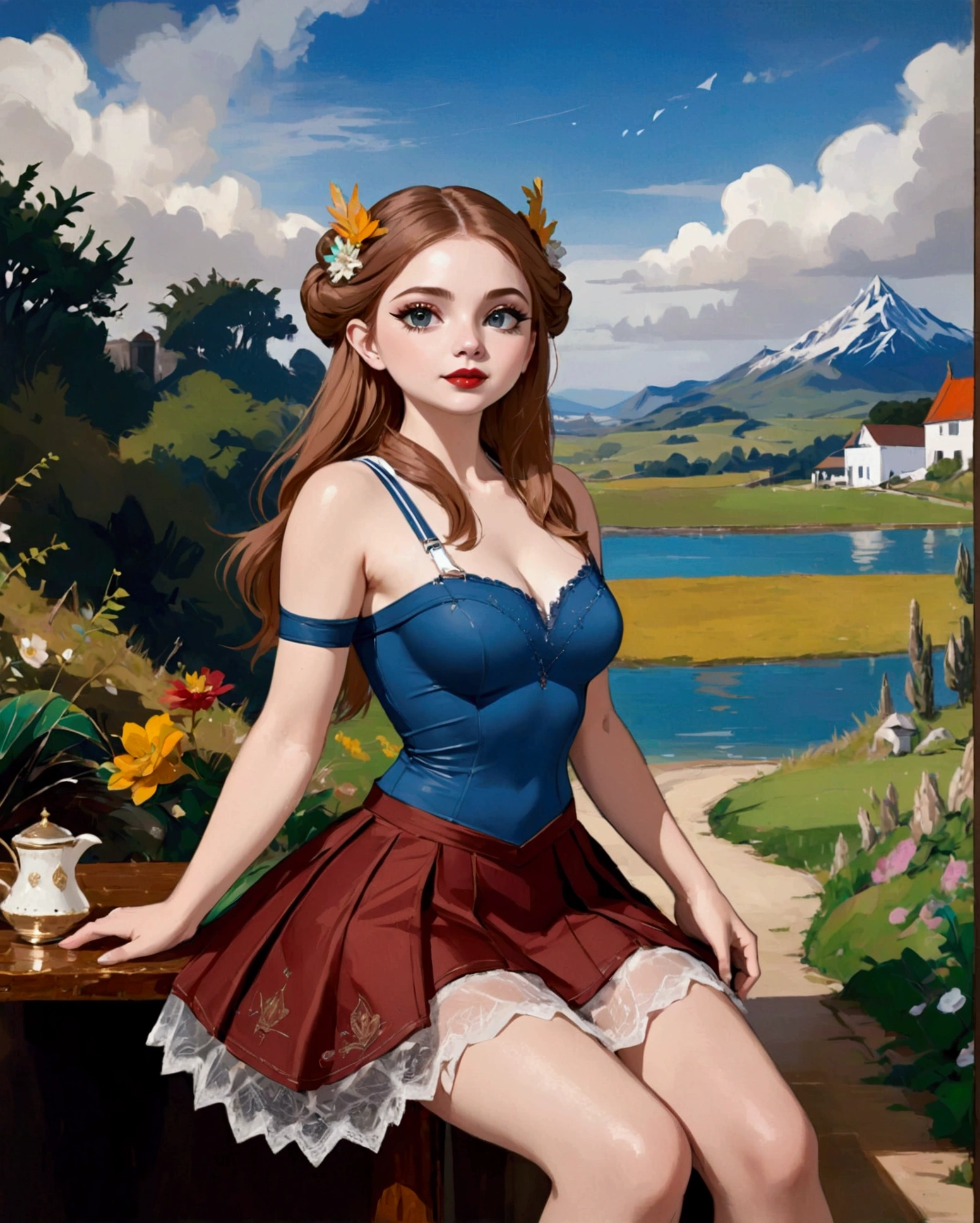 Steampunk Inspired Elven Princess. Copper Wire Necklaces & Bangles. Crown Of Fine Copper Wire. Copper Coloured Tatoos Cover Her Face And Body Intricate & Beautiful Designs. Hands On Hips. Ember Colored Eyes. Pure White Dress, Hemmed With Copper, Covered In Copper Lace & Filligree. Cppper Designs Cover The Skirt In A Kaleidoscope Of Copper Designs. Background Is Forrest. A Blend Of Ariel Winter & Alison Brie, Symmetrical Face Exudes Elegance &Grace. Cozy, Romantic Lighting. Cheerful Smile. Copper Hair That Shimmers And Sparkles In The Light. Hourglass Figure.

