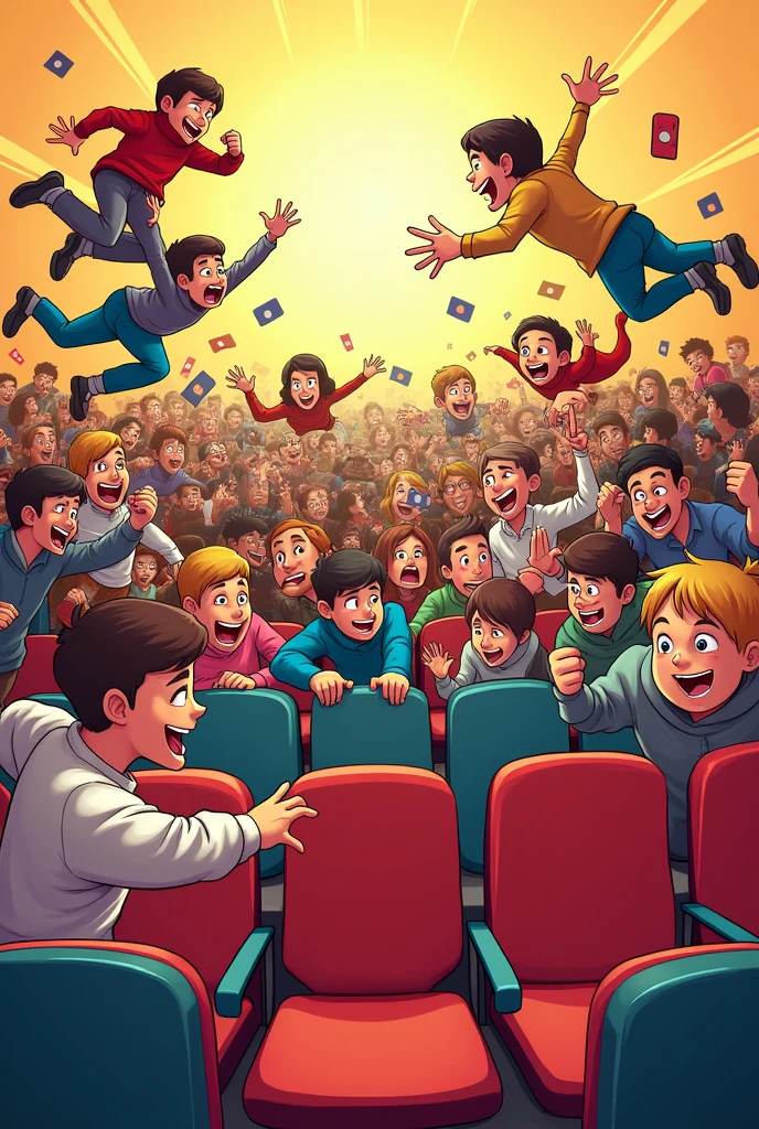 Quick seats game poster with people grabbing each other's chair more comical