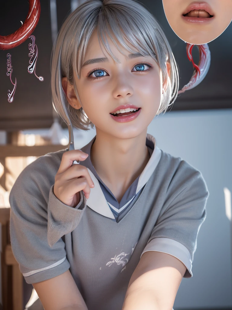 NSFW,(a ultra cute beautiful girl wearing highschool uniform:1.5),(charming smile:1.25),large clear light blue eyes,droppy eyes,balanced eyes,transparent white skin,(silver short hair:1.5),photorealistic, 8k, ultra-detailed, masterpiece, realistic, vivid colors, beautiful detailed eyes, beautiful detailed lips, extremely detailed face, intricate details, hyper realistic, cinematic lighting, dramatic shadows, stunning composition, intense atmosphere, highly detailed skin, exquisite facial features, volumetric lighting, raytraced global illumination, physically-based rendering, professional digital art,high resolution fix,(sexual climax:1.75)