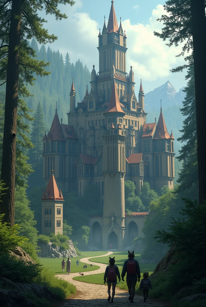Create a huge realistic building in the middle of the forest. Outside there are 2 other buildings in which the children sleep. It should look like an enchanted school. .There are students walking around with ears on their heads because they are werewolves and other students