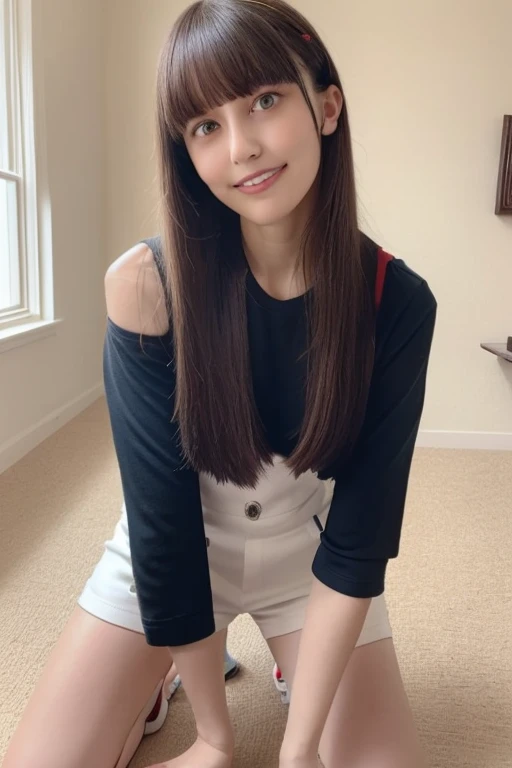 One girl, Beautiful woman knit tanktops, デニムのショーツ skinny, Perfect body,  Golden Hair, Standing in a living room with white walls,  Highly detailed face, Beautiful Eyes, Beautiful Lips, double eyelid, A shy smile, Shorn bangs, Sunburned skin, Pubic Hair Tips, (Highest quality, 8k, masterpiece:1.3), front and full body shot, Pussy Line, Positive, Spread your legs wide